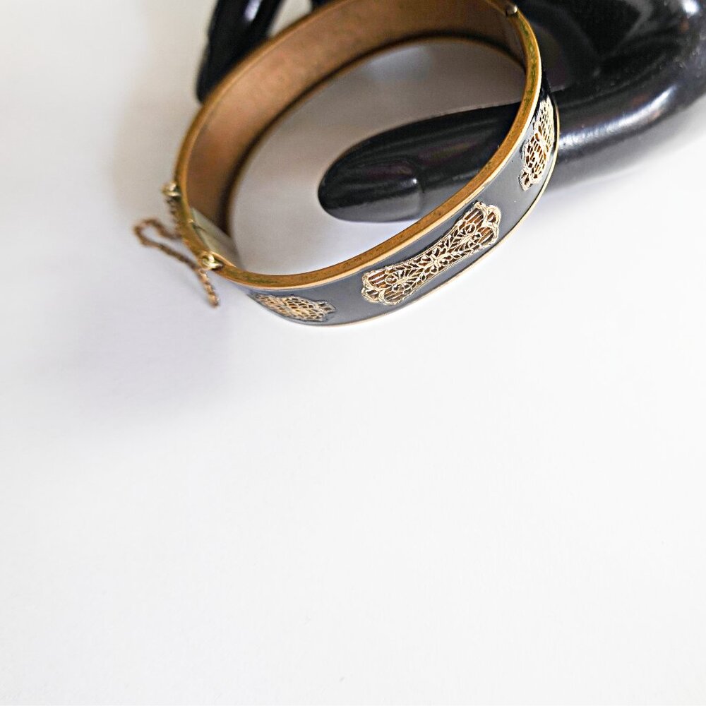 Antique Victorian Black Enamel Gold Fillagree Bangle Bracelet